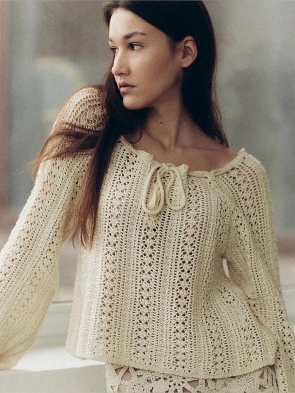 Pull & Bear Cream Crochet Knit Sweater Large | Off Shoulder Tie Neck Boho Top